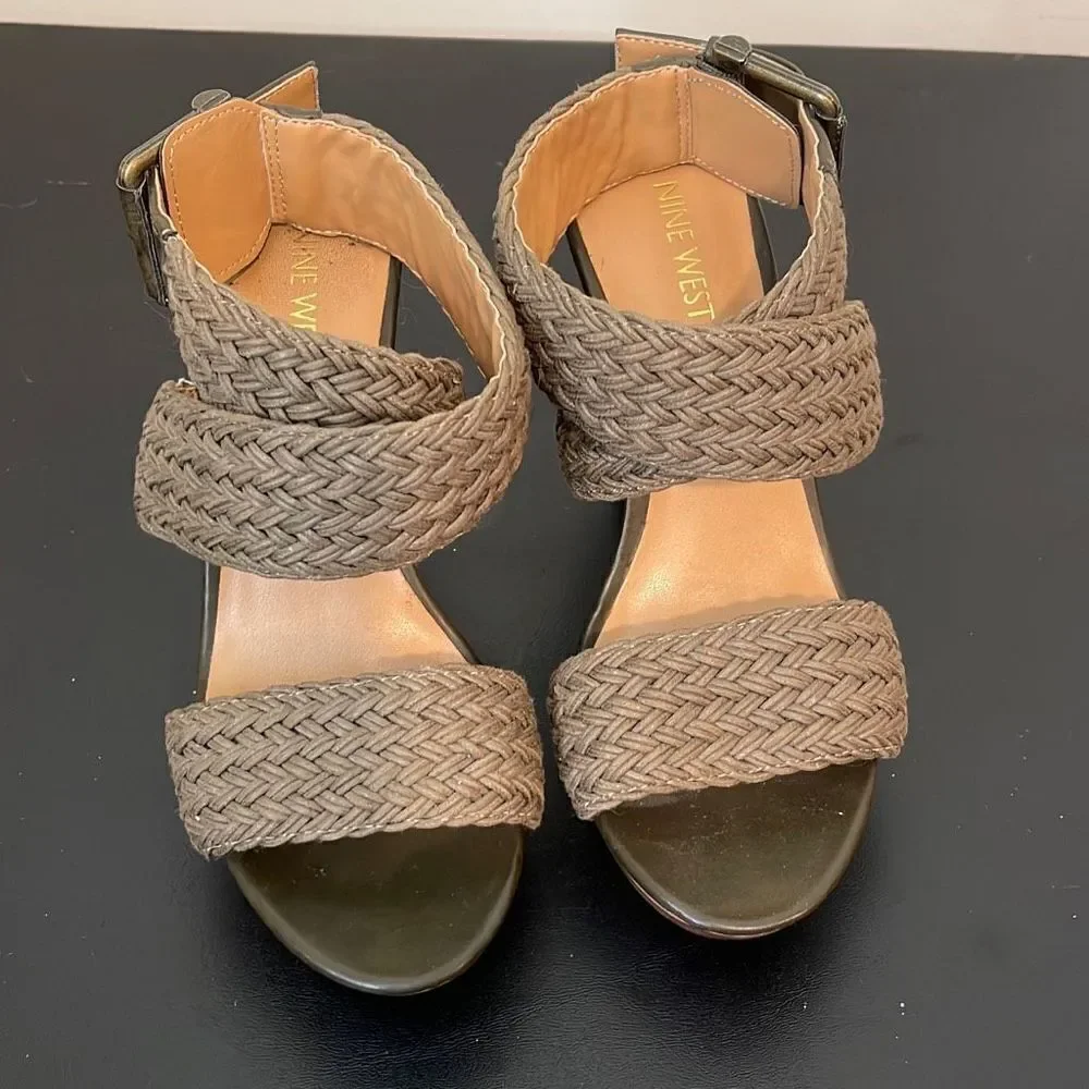 Nine West Womens Marlon Platform Heels‎ Wedge Woven Sandals Olive Green Size 6.5